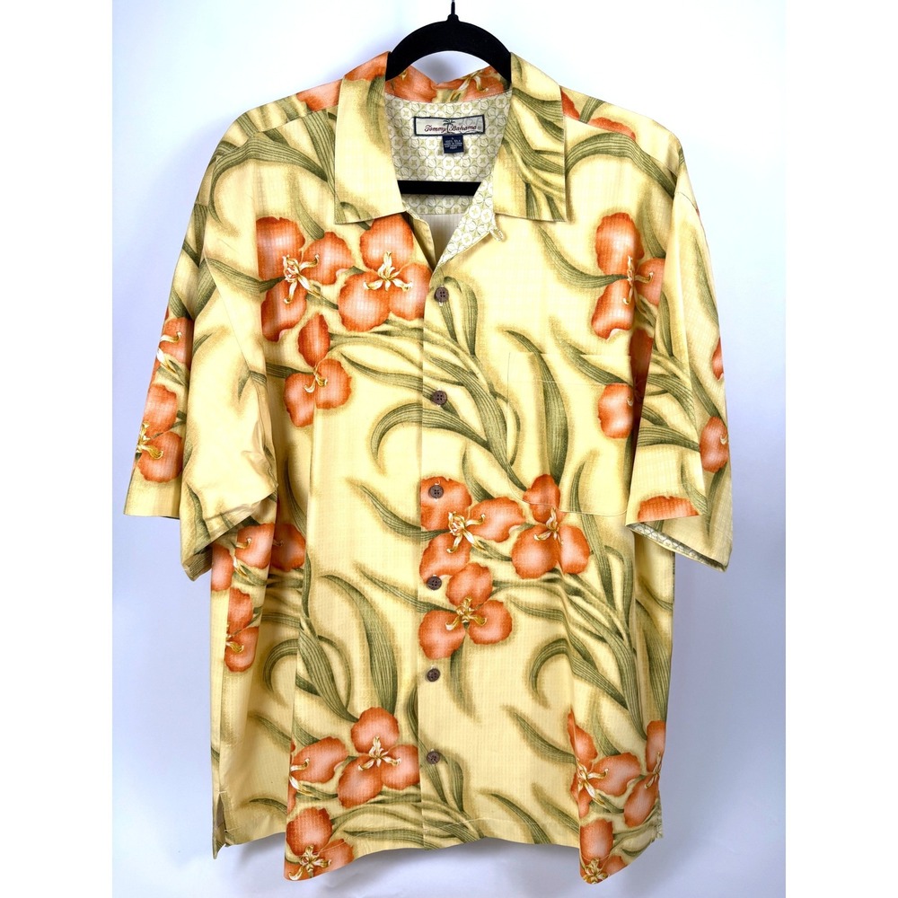 Tommy Bahama Men's Large Silk Floral Hawaiian Tropical Camp Shirt Yellow Orange
